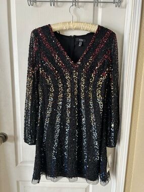 AIDAN MATTOX Womens Sequined Long Sleeve V Neck Mini Cocktail Dress
